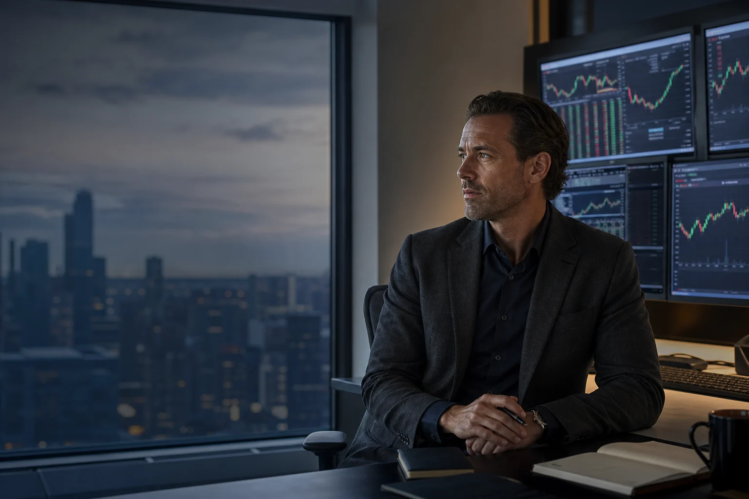 A professional trader reviewing market charts at a modern trading desk